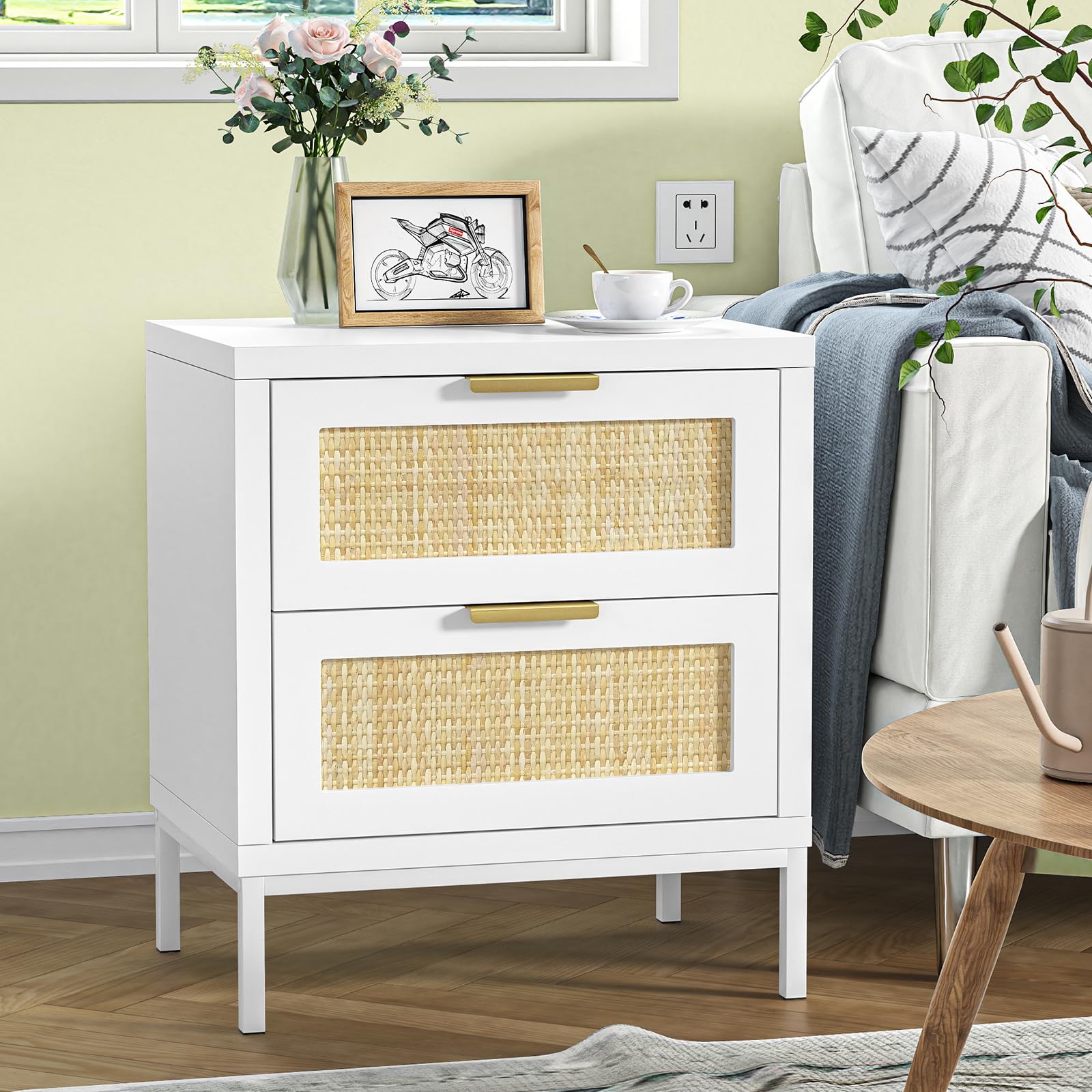 Giluta Farmhouse White nightstands with 2 Drawers, Natural Rattan Night Stand, White End Table with Metal Legs, Bedside Table for Bedroom