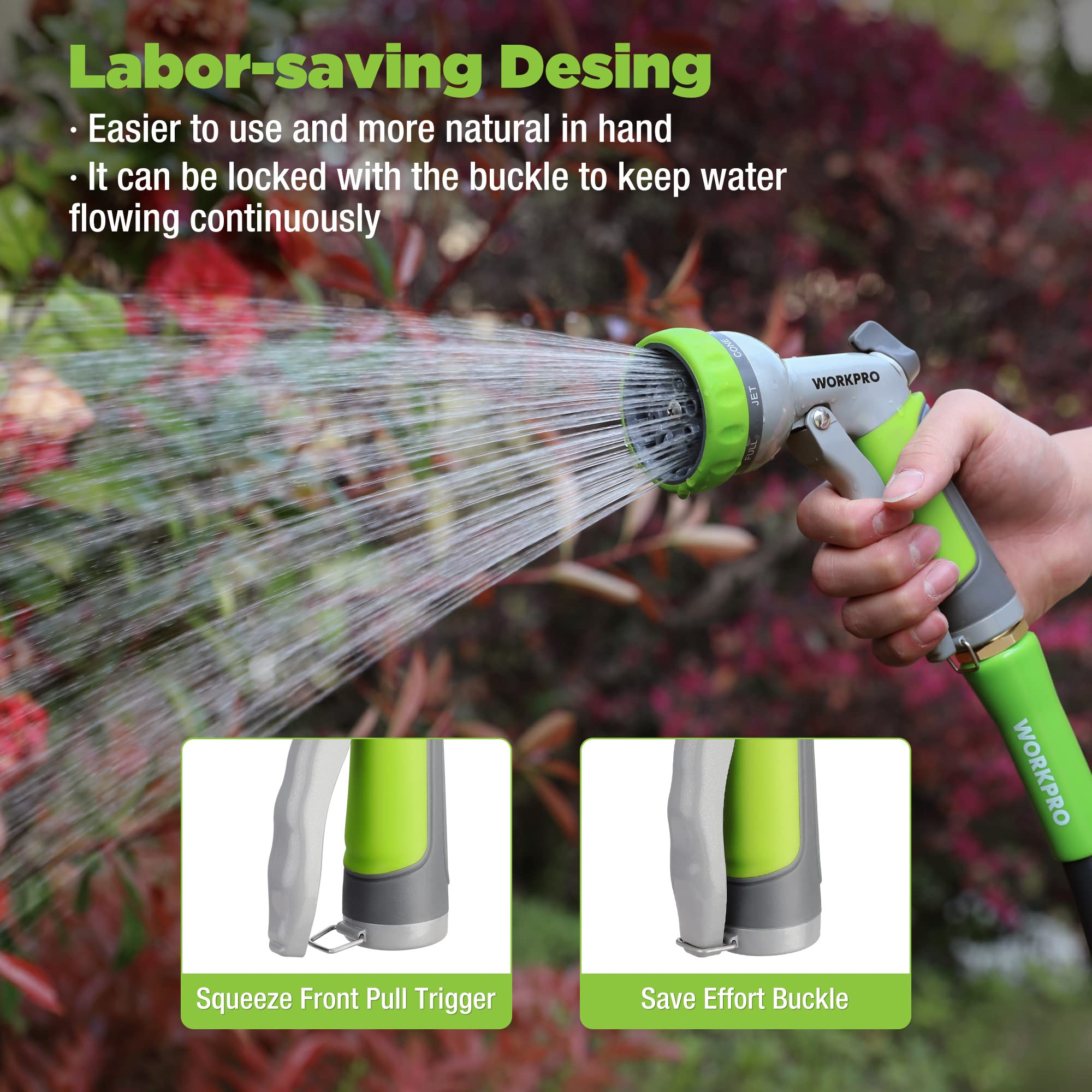 WORKPRO Garden Hose Nozzle - 100% Heavy Duty Metal Water Hose Spray with 8 Adjustable Spray Patterns, Hand Sprayer with Thumb Control for Car Washing, Plants Watering, Pets Showering, Outdoor Fun