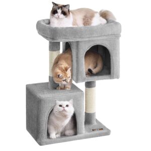 feandrea cat tree, 29.1-inch cat tower, m, cat condo for medium cats up to 11 lb, large cat perch, 2 cat caves, scratching post, light gray upct612w01