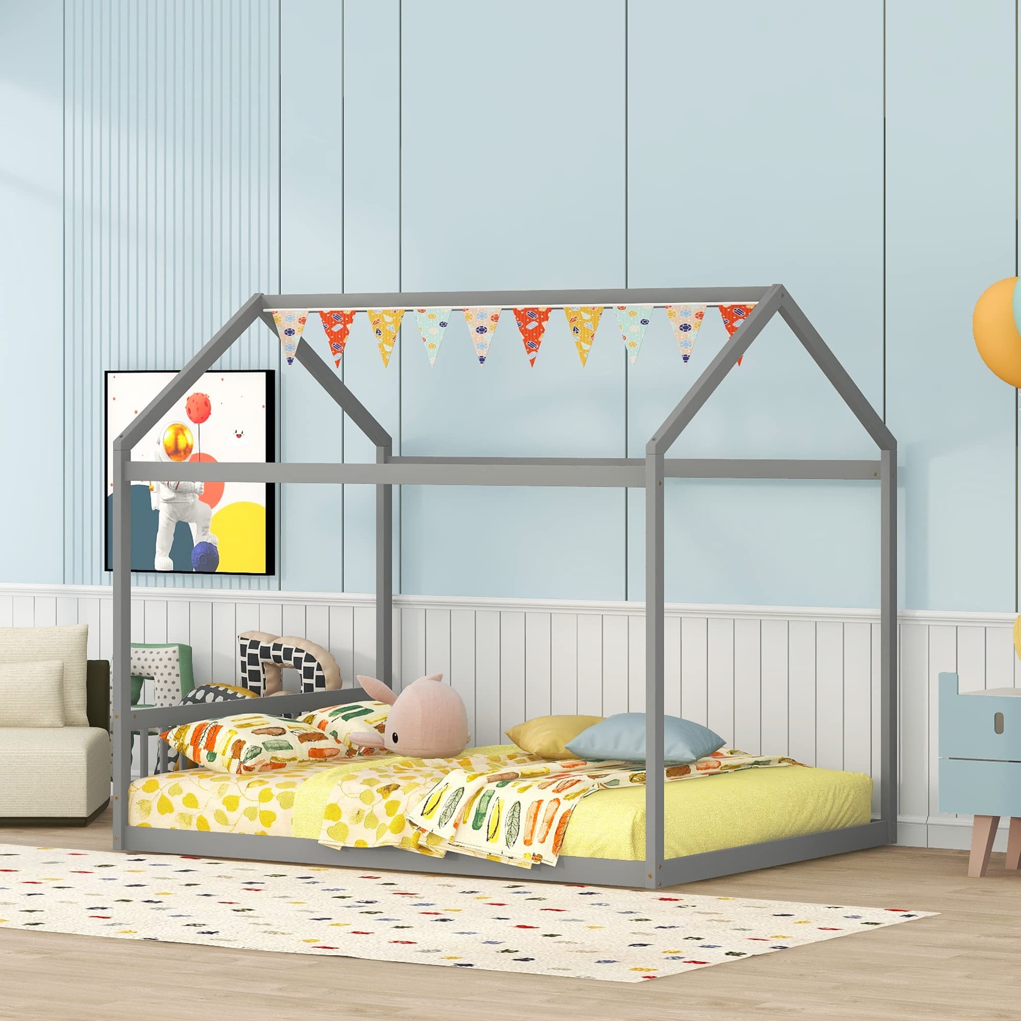 Harper & Bright Designs Queen Size House Bed Frame,Wooden Montessori Bed Queen Bed Frame with Headboard, Kids Floor Bed for Girls Boys Bedroom Furniture, No Box Spring Needed,Grey