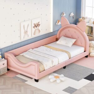 aiuyesuo leather upholstered tufted daybed with carton ears shaped headboard, wooden twin size low profile captain's sofa bed frame for kids boys girls bedroom, living room (pink-th1123)