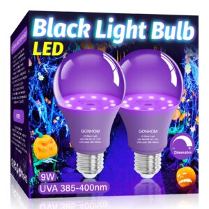 gonhom 2 pack a19 led black light bulbs,dimmable 9w blacklight bulb(100w equivalent), e26 base 110v, uva level 385-400nm, glow in the dark for black lights party, body paint, neon glow, art posters