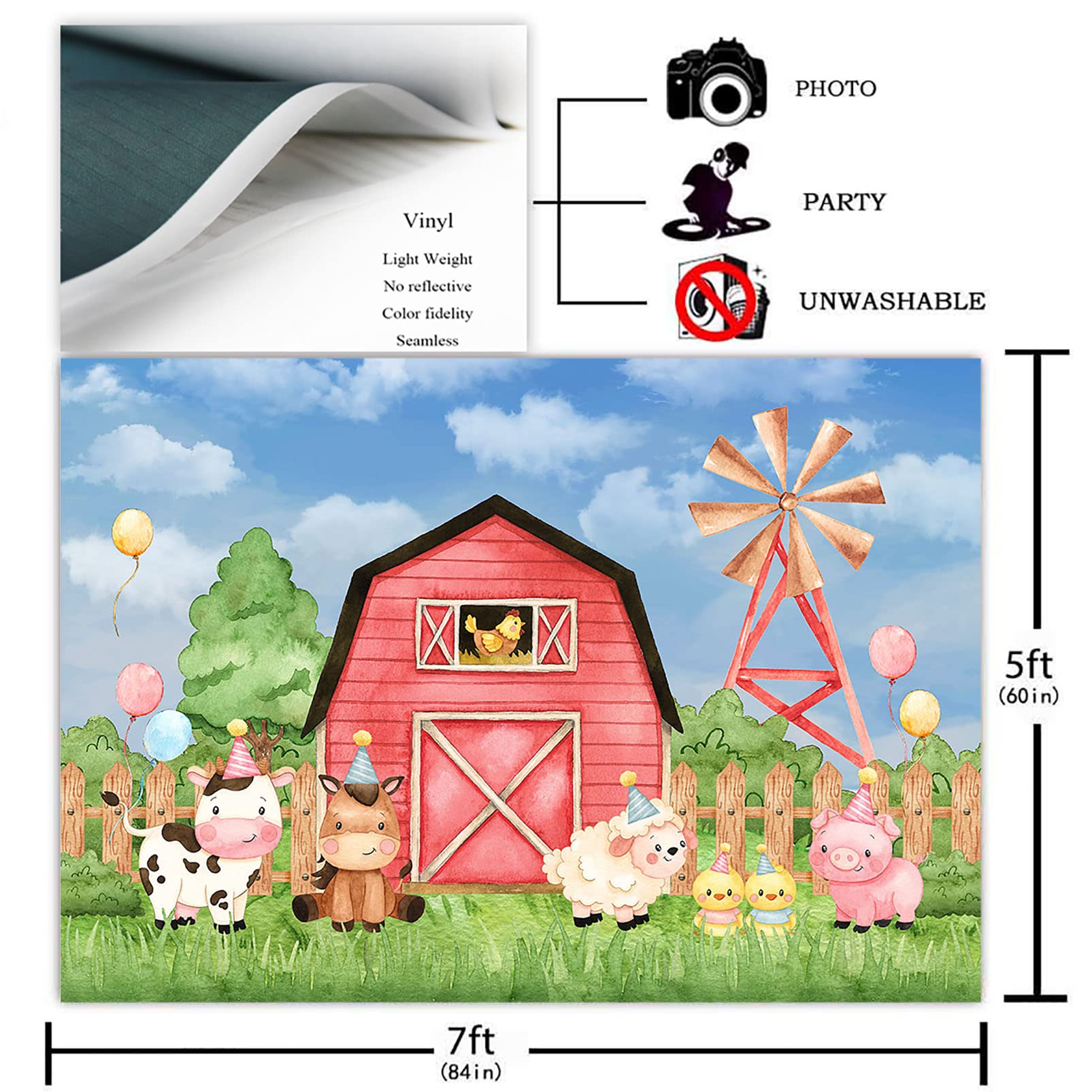 Avezano Farm Birthday Backdrop for Kids Pink Barn Farm Girls Birthday Party Decorations Cartoon Farm Animals Baby Shower Photography Background Cake Table Banner (7x5ft)