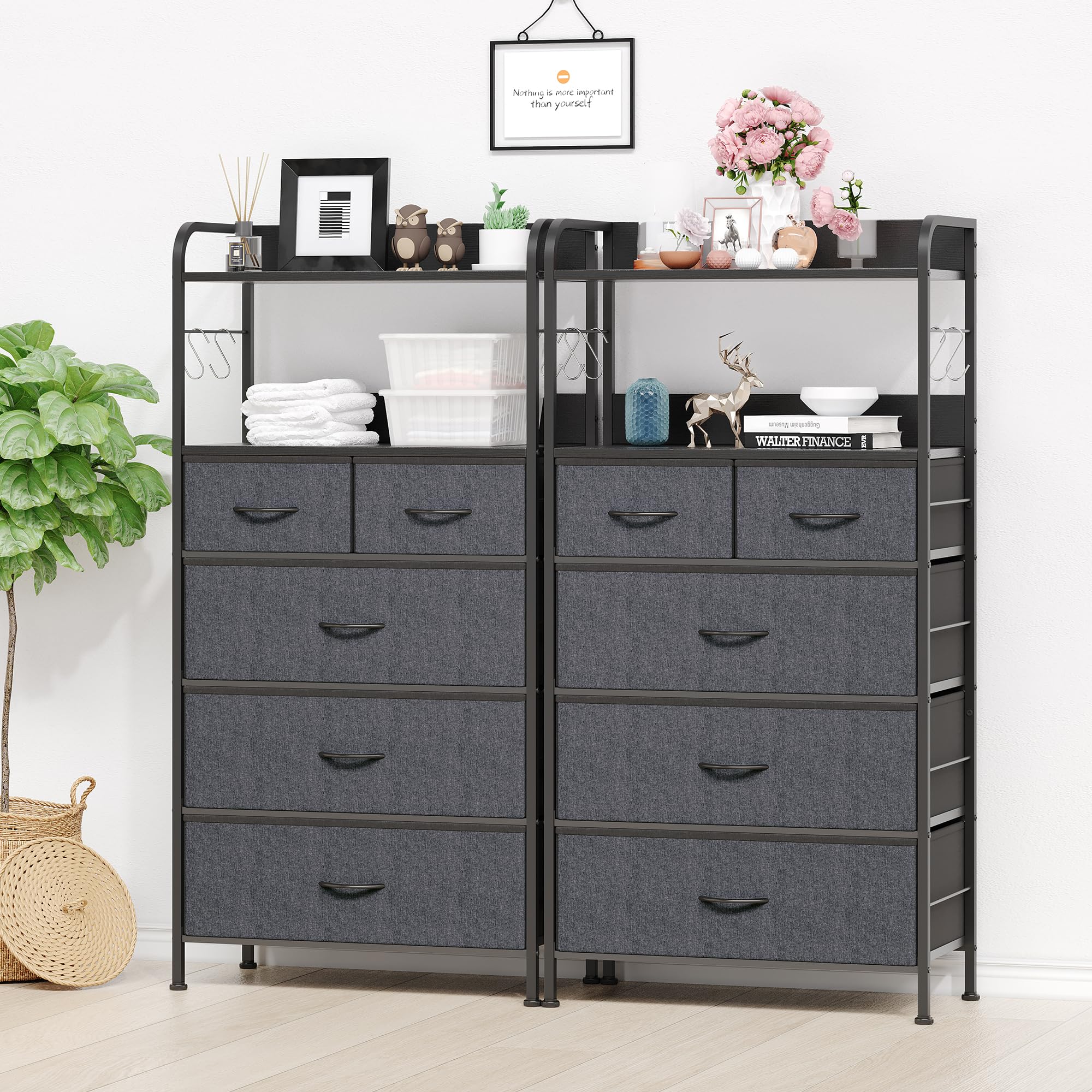 Jojoka Dresser for Bedroom with 5 Drawers, Dressers & Chests of Drawers for Hallway, Entryway, Storage Organizer Unit with Fabric, Sturdy Metal Frame, Wood Tabletop, Easy Pull Handle