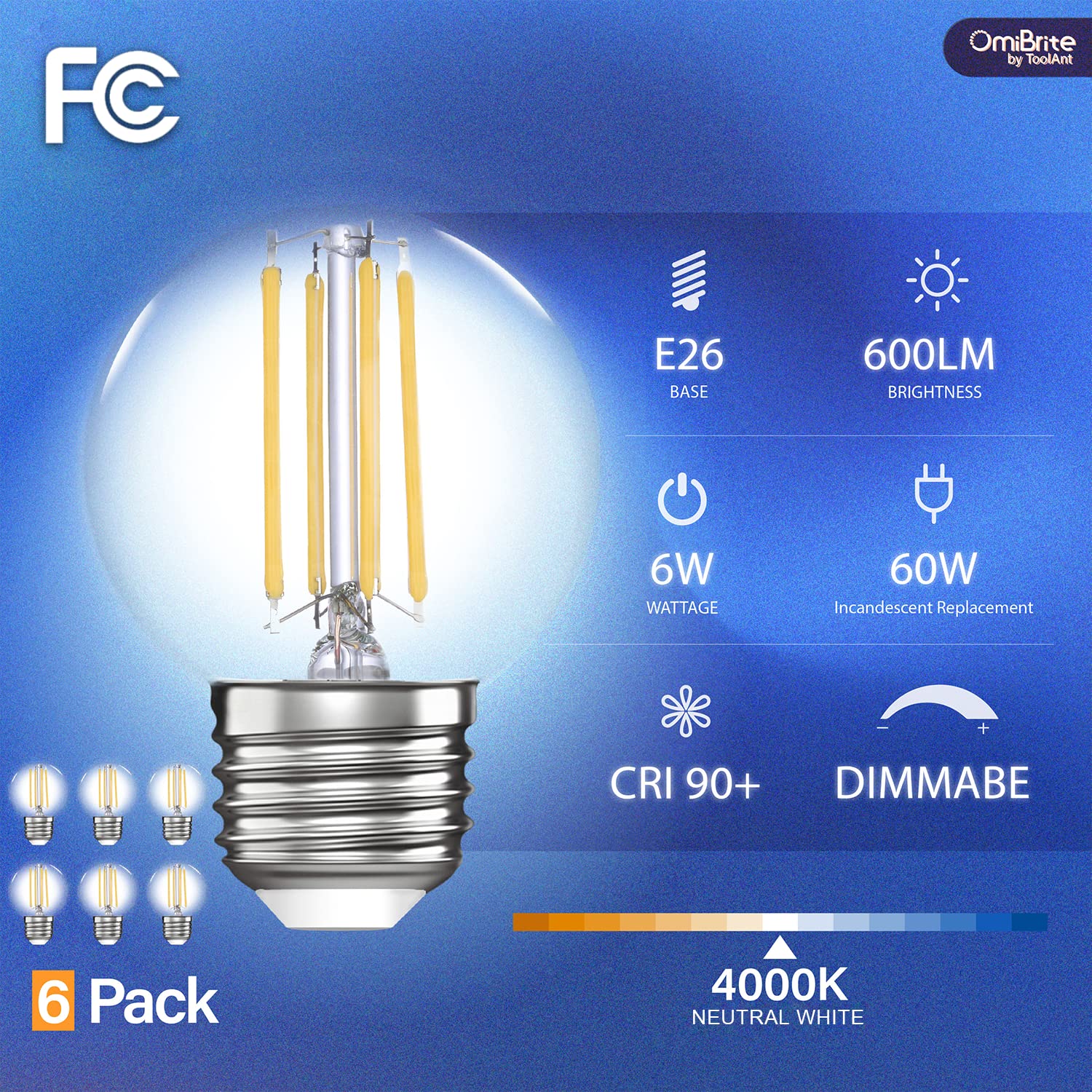 OmiBrite Dimmable E26 Led Bulb 60 Watt Equivalent, Globe Light Bulbs, Decorative Light Bulb, 6 Watt Neutral White 4000K, G16.5 Light Bulb for Chandeliers, Bathroom Makeup Mirror, 600lm, CRI95, 6Pack