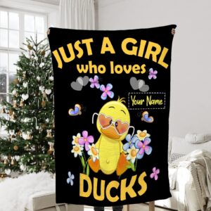 Just A Girl Who Loves Ducks Personalized Blanket Cute Duck Custom Name Throw Blankets Gifts for Girl Boys Flannel Fleece Cartoon Kawaii Animal Customized Blankets for Kids Lap Chair Bed 50x40In