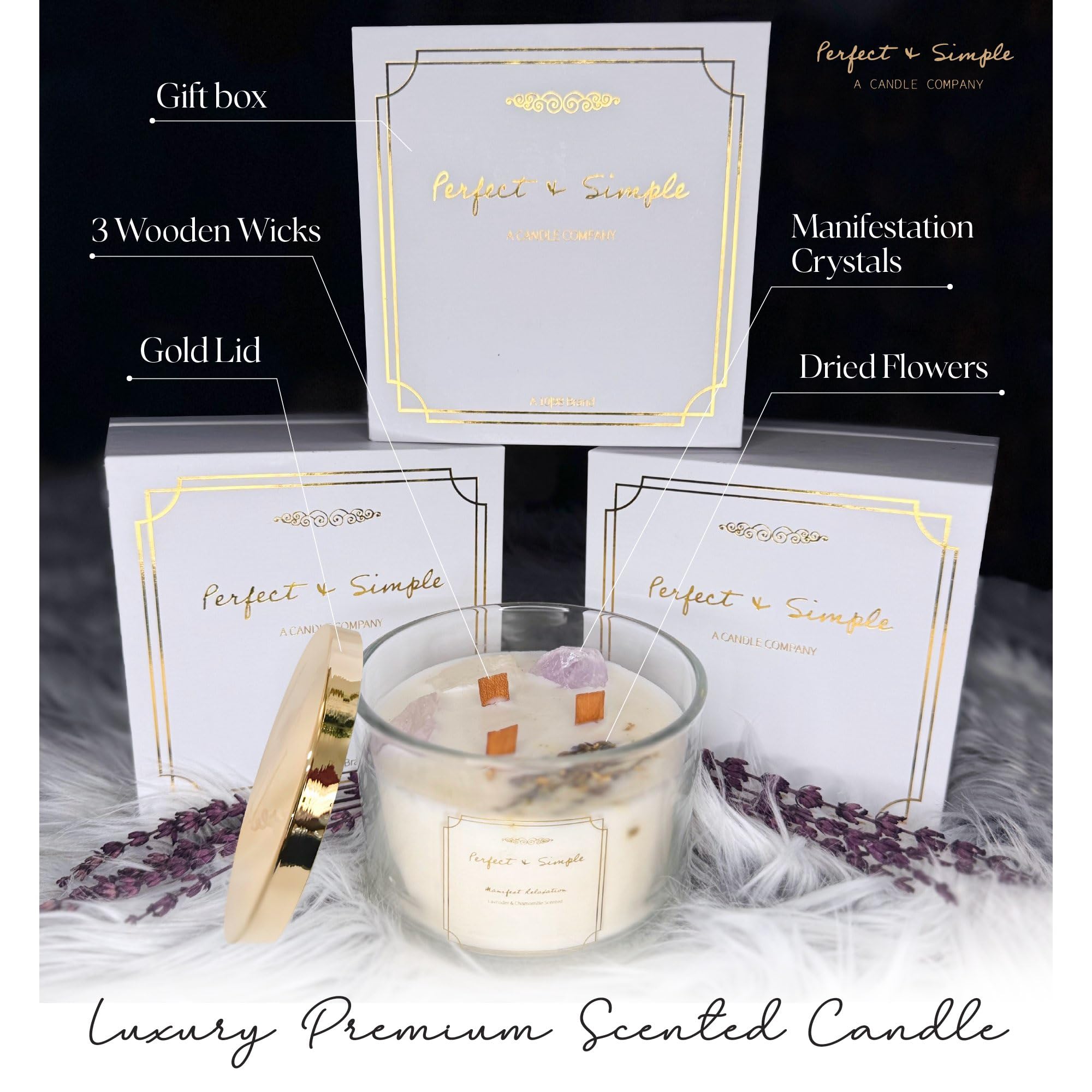 Luxury Hand-Poured Premium Scented Manifestation Candle with Crystals Inside - 100% Pure Soy Wax Aromatherapy, Natural Essential Oils, 3 Wooden Wicks, | Calming & Relaxing