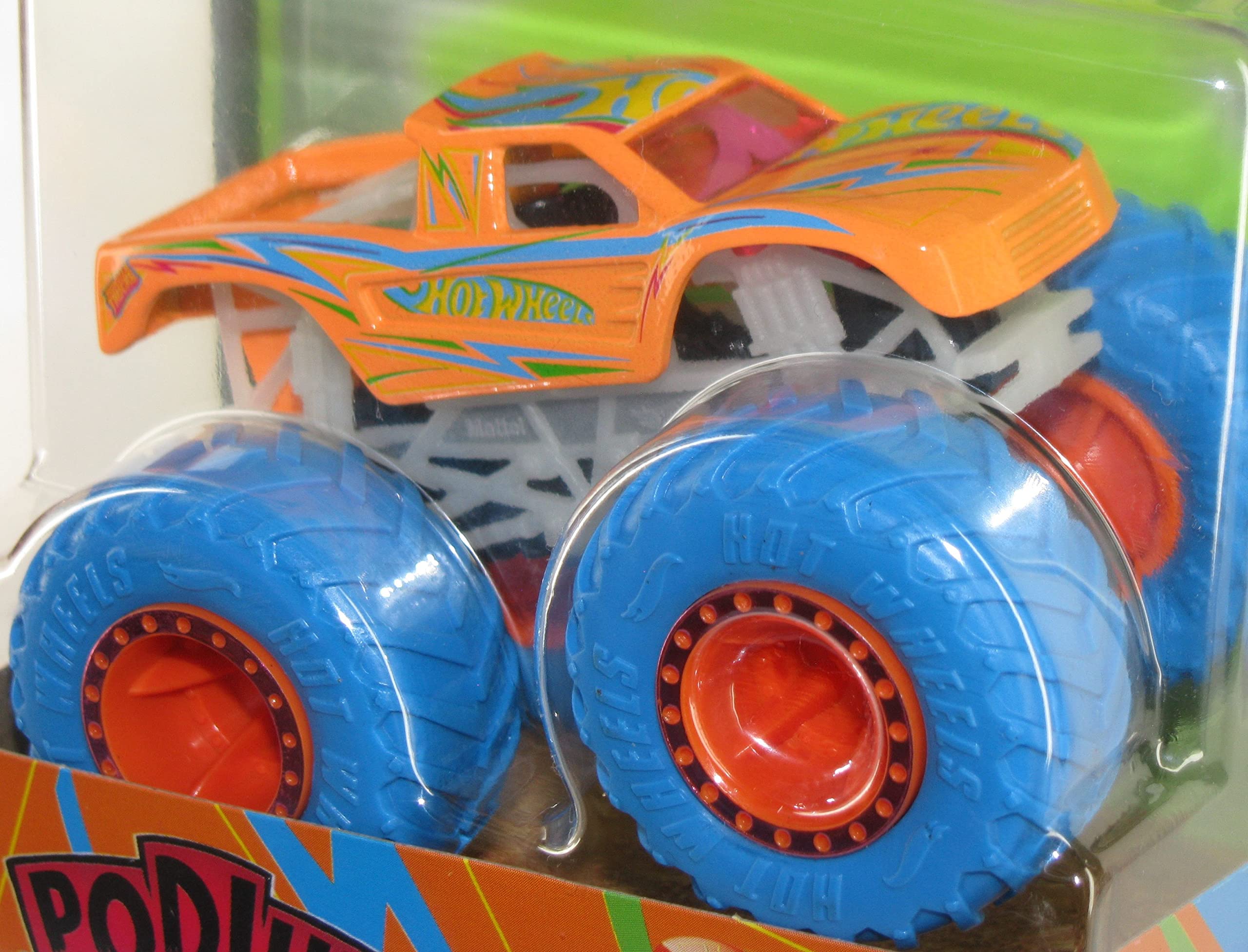 Hot Wheels 2022 Monster Trucks 1:64 Scale Diecast Glow in The Dark Podium Crasher, Orange with Blue Wheels