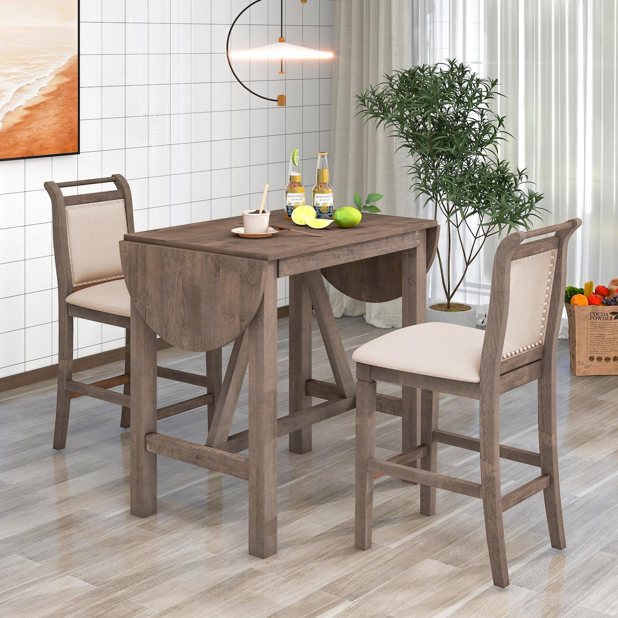 Harper & Bright Designs 3 Piece Counter Height Kitchen Dining Set with Drop Leaf Dining Table and 2 Dining Padded Chairs, Dining Room Set for Small Places, Brown