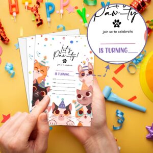 Cute Kitten Birthday Party Invitation, Let's Paw-Ty Kitty Cats Fill-In Invites For Adults Women & Men, 20 Invitations With Envelopes(4" X 6")，Party Favors Decorations And Supplies-01