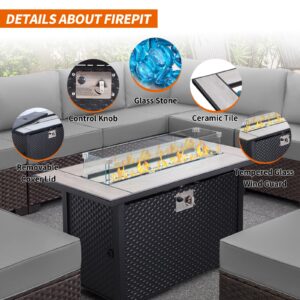 Valita 9-Piece Patio Rattan Furniture Set with Gas Fire Pit Table Outdoor Sectional Conversation Couch Brown PE Wicker Sofa with Washable Gray Cushions