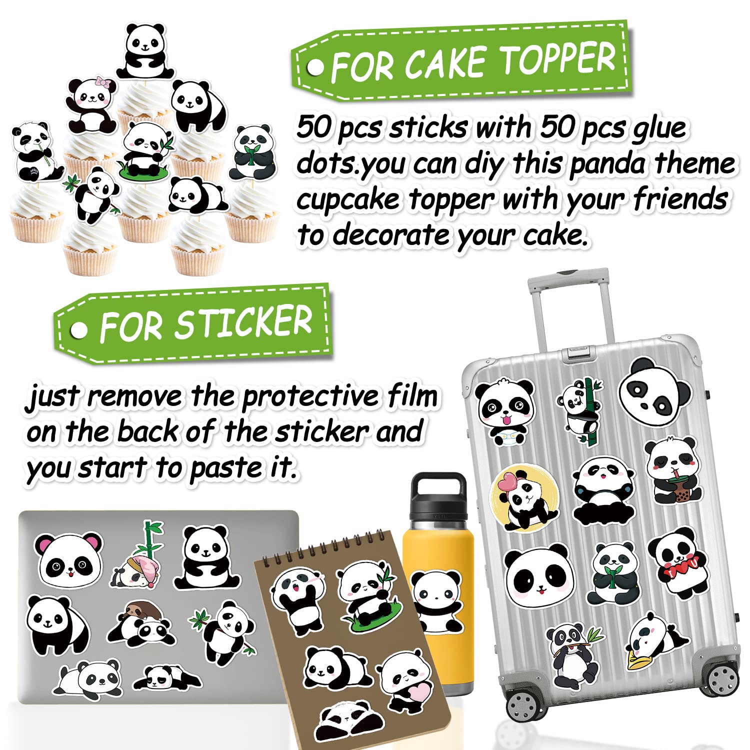 50 Pack Panda Cupcake Topper Panda Birthday Cake Decoration Cute Panda Themed Stickers (2 in 1) Baby Shower Kids Birthday Wedding Party Supplies