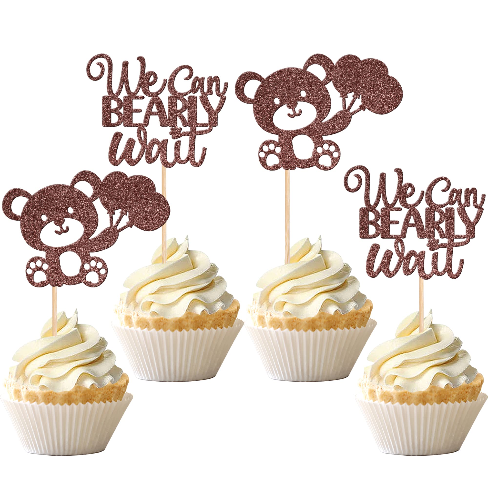 24 PCS We Can Bearly Wait Cupcake Toppers Glitter Balloon Bear Cupcake Picks Baby Shower Cake Decorations for Gender Reveal Theme Baby Shower Kids Birthday Party Supplies Brown