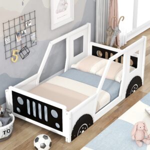 car bed twin size montessori floor bed frame with fence and door, car-shaped platform bed with wheels,solid wood twin bed for kids boys girls, no box spring needed (twin size, white)