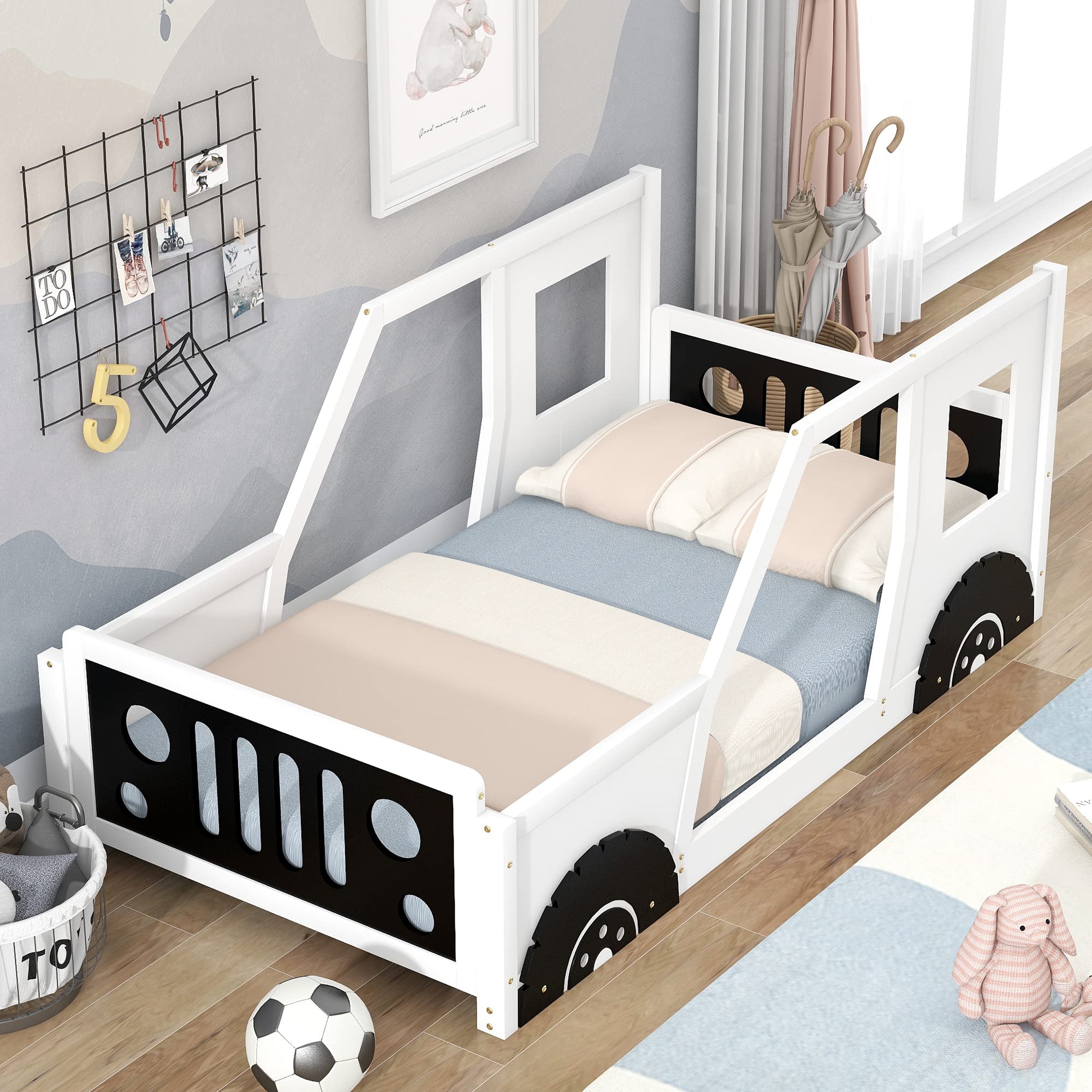 Car Bed Twin Size Montessori Floor Bed Frame with Fence and Door, Car-Shaped Platform Bed with Wheels,Solid Wood Twin Bed for Kids Boys Girls, No Box Spring Needed (Twin Size, White)