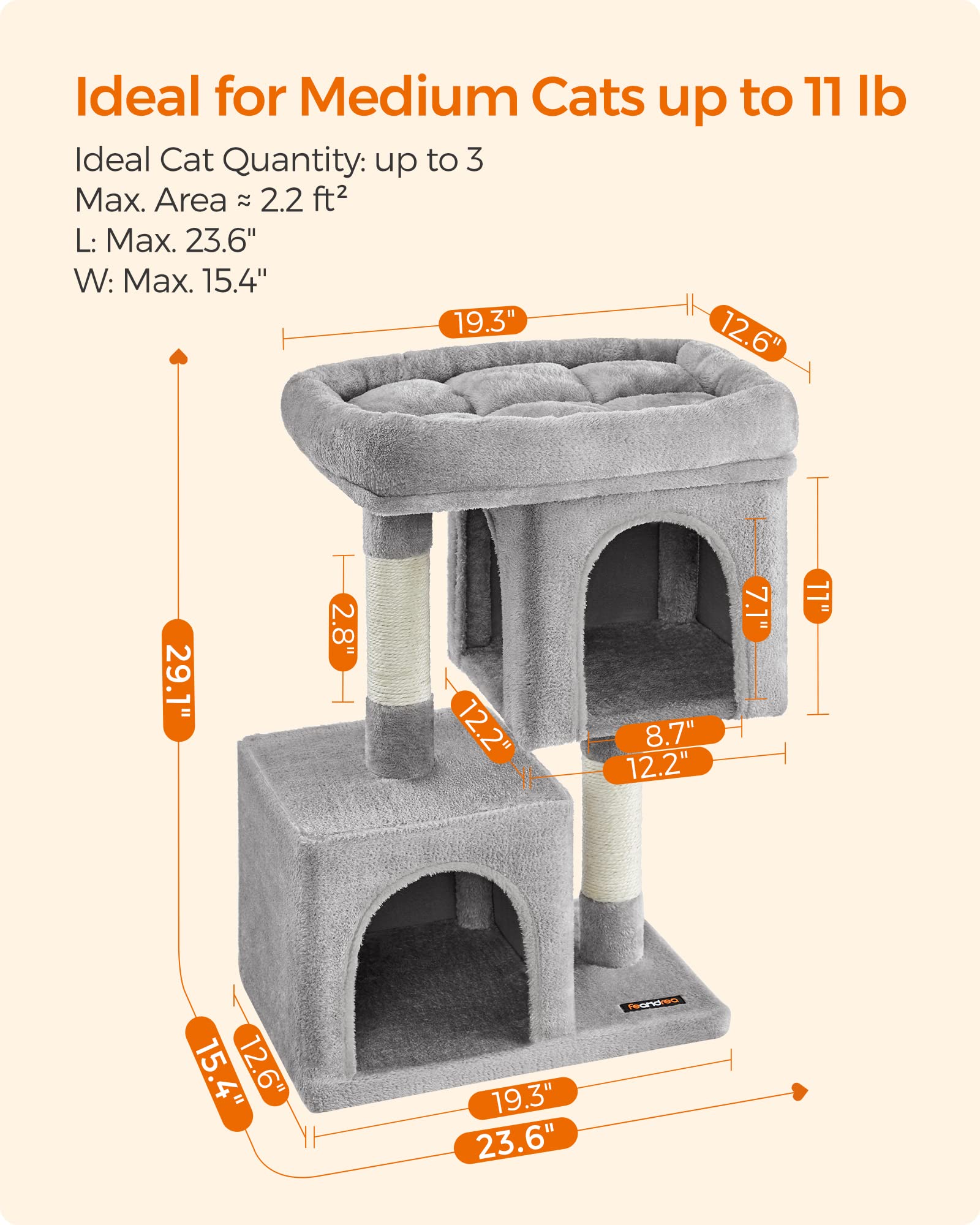 Feandrea Cat Tree, 29.1-Inch Cat Tower, M, Cat Condo for Medium Cats up to 11 lb, Large Cat Perch, 2 Cat Caves, Scratching Post, Light Gray UPCT612W01