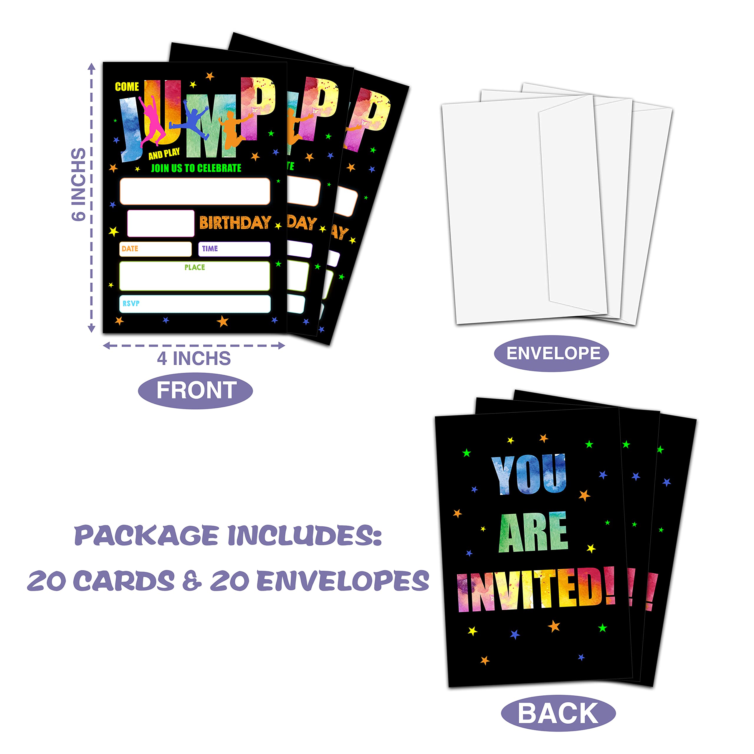 Trampoline Birthday Party Invitation, Bounce House, Jump Zone Fill-In Invites For Men & Women, 20 Invitations With Envelopes(4" X 6")，Personalized Adults Party Favors Decorations And Supplies-20