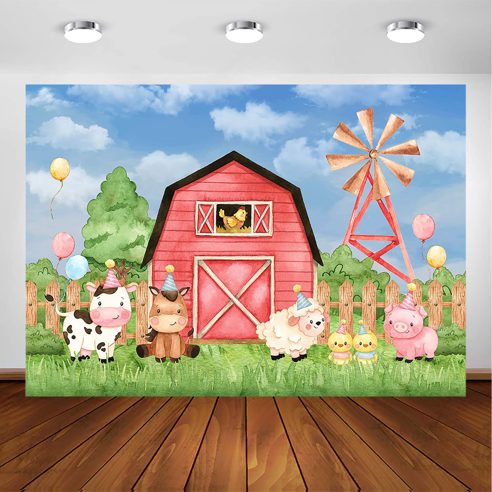 Avezano Farm Birthday Backdrop for Kids Pink Barn Farm Girls Birthday Party Decorations Cartoon Farm Animals Baby Shower Photography Background Cake Table Banner (7x5ft)