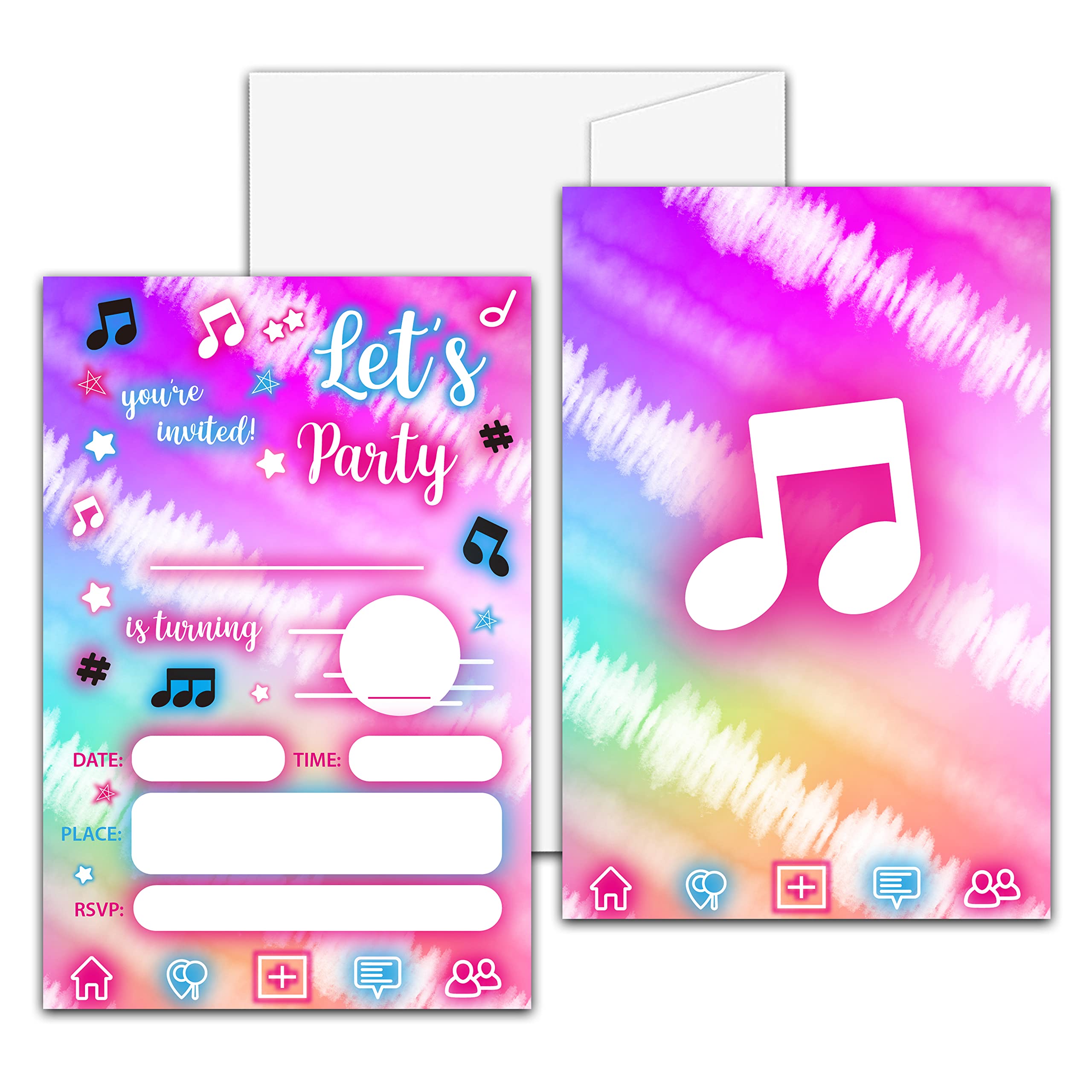 Music Theme Birthday Party Invitation,Music Notes Neon Fill-In Invites For Men & Women, 20 Invitations With Envelopes(4" X 6")，Adults Party Favors Decorations And Supplies-06