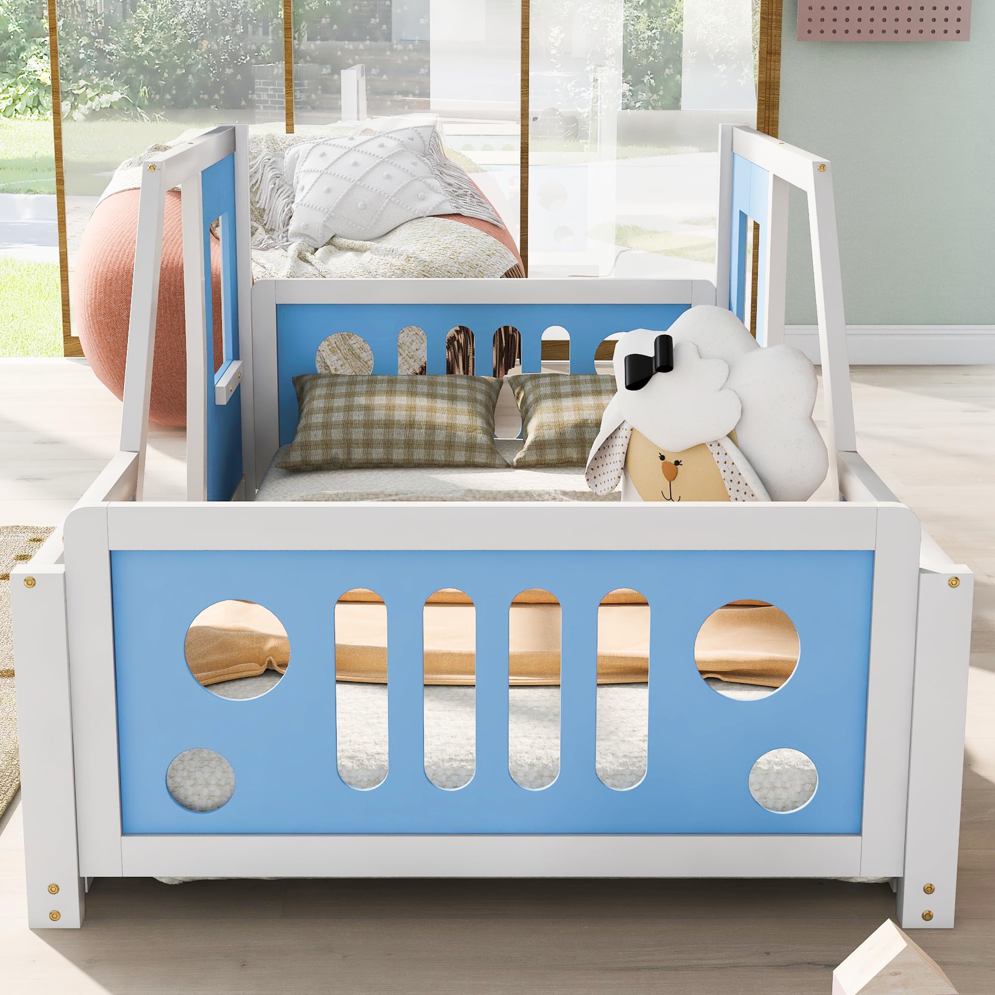 Kids Floor Bed Twin Size Platform Bed with Car-Shaped and Wheels, Wooden Twin Bed Frames with Doors and Windows, Twin Car Bed with Slat Support for Kids Boys Girls, No Box Spring Needed,Blue