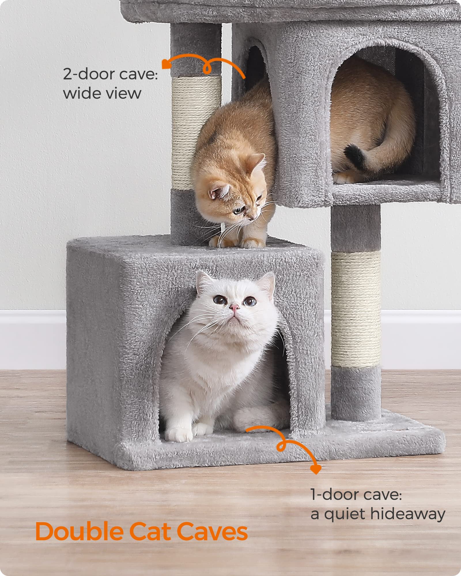 Feandrea Cat Tree, 29.1-Inch Cat Tower, M, Cat Condo for Medium Cats up to 11 lb, Large Cat Perch, 2 Cat Caves, Scratching Post, Light Gray UPCT612W01