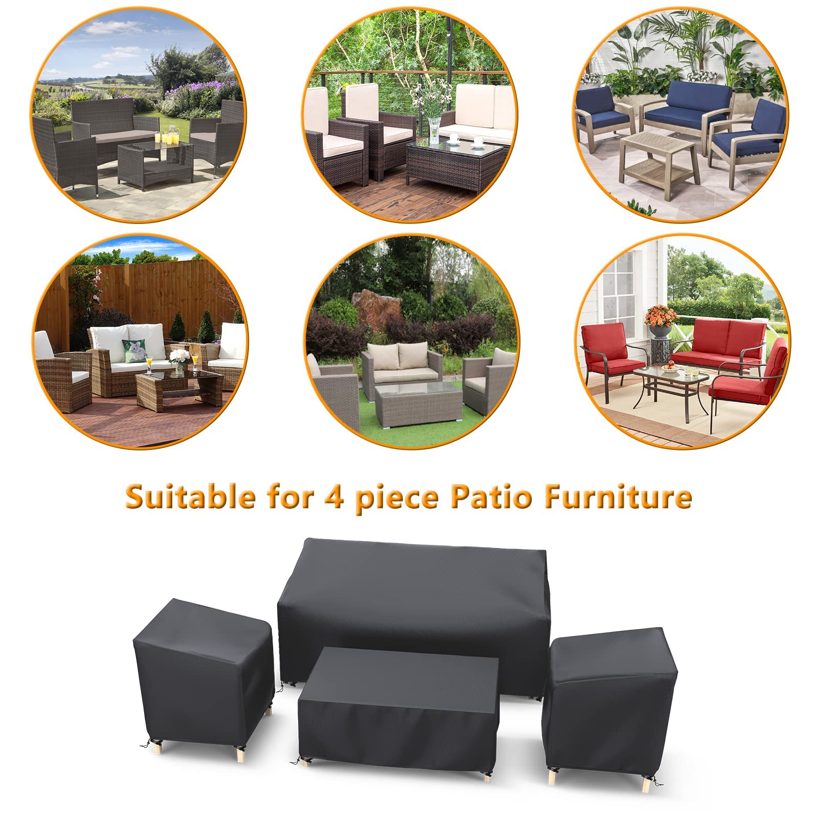 STARTWO Outdoor Furniture Cover Waterproof, Patio Furniture Covers 4 Piece Set, Heavy Duty 500D Patio Furniture Set Cover for Chairs, Couch, Table Coffee, Black