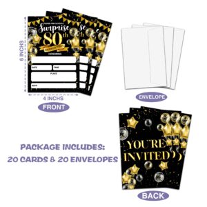 Surprise 80th Birthday Party Invitation, Black and Gold Fill-In Invites For Adult Woman & Man, 20 Invitations With Envelopes(4" x 6"), Party Favors Decorations And Supplies-06