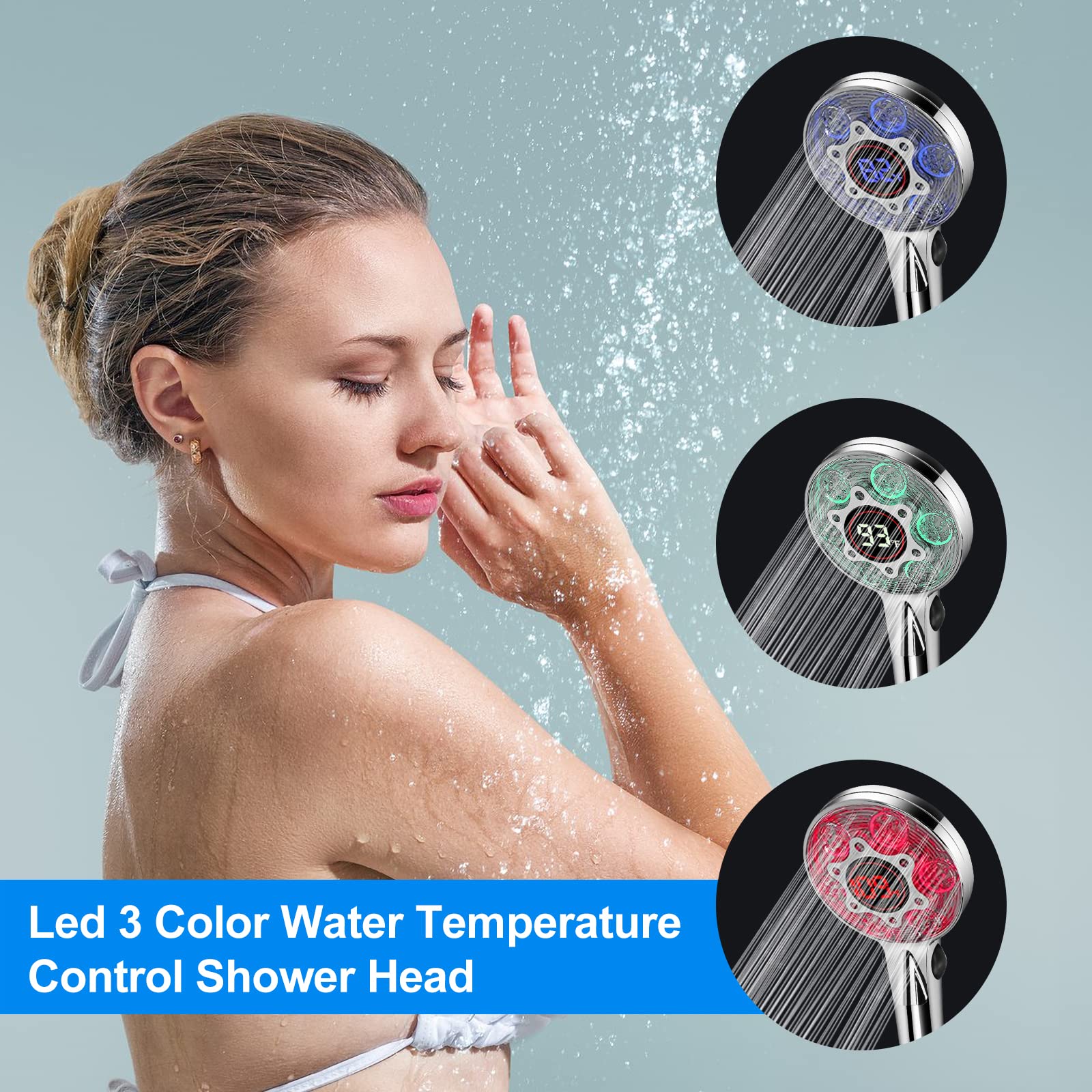 LED Shower Head with Handheld, Color Changing, Shower Head High Pressure with Water Temperature Display, Water Saving Spray Showerheads with 59" Hose and Shower Bracket for Low Water Pressure, Chrome