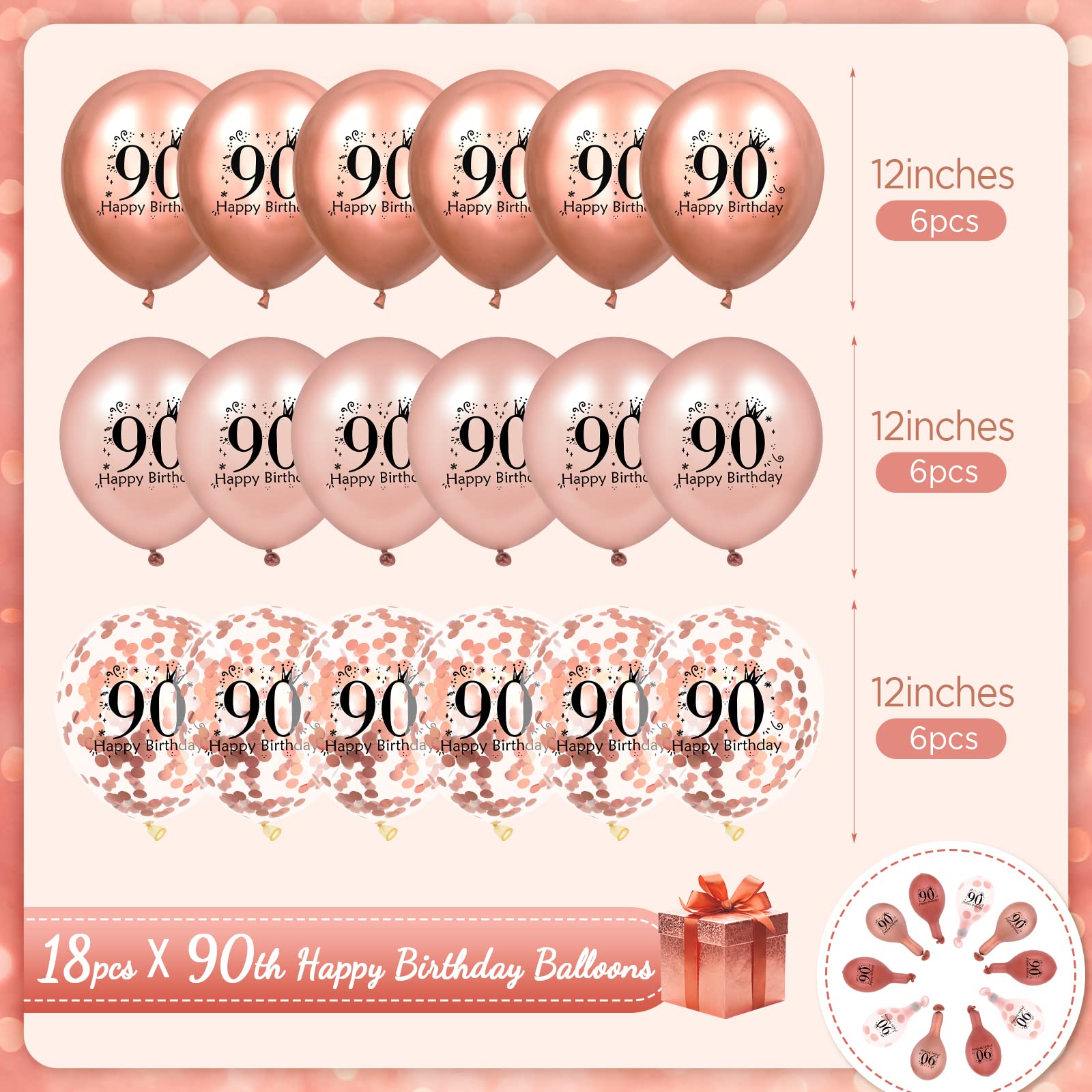 RUMIA 18pcs Rose Gold 90th Birthday Balloons, Latex Balloons with Confetti Design, Party Decorations for Women Men 90th Birthday Anniversary Decor Supplies