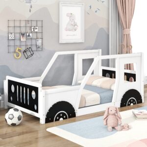 Car Bed Twin Size Montessori Floor Bed Frame with Fence and Door, Car-Shaped Platform Bed with Wheels,Solid Wood Twin Bed for Kids Boys Girls, No Box Spring Needed (Twin Size, White)