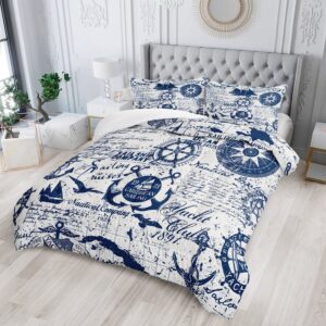 AILONEN Anchor Comforter Set for Teens Boys Kids, Nautical Theme Bedding Set Queen Size,Superior Quilted Duvet Ultra Soft,3 Piece 1 Comforter and 2 Pillowcases,Microfiber Fabric