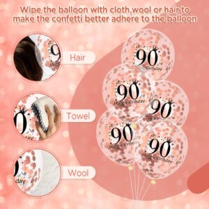 RUMIA 18pcs Rose Gold 90th Birthday Balloons, Latex Balloons with Confetti Design, Party Decorations for Women Men 90th Birthday Anniversary Decor Supplies