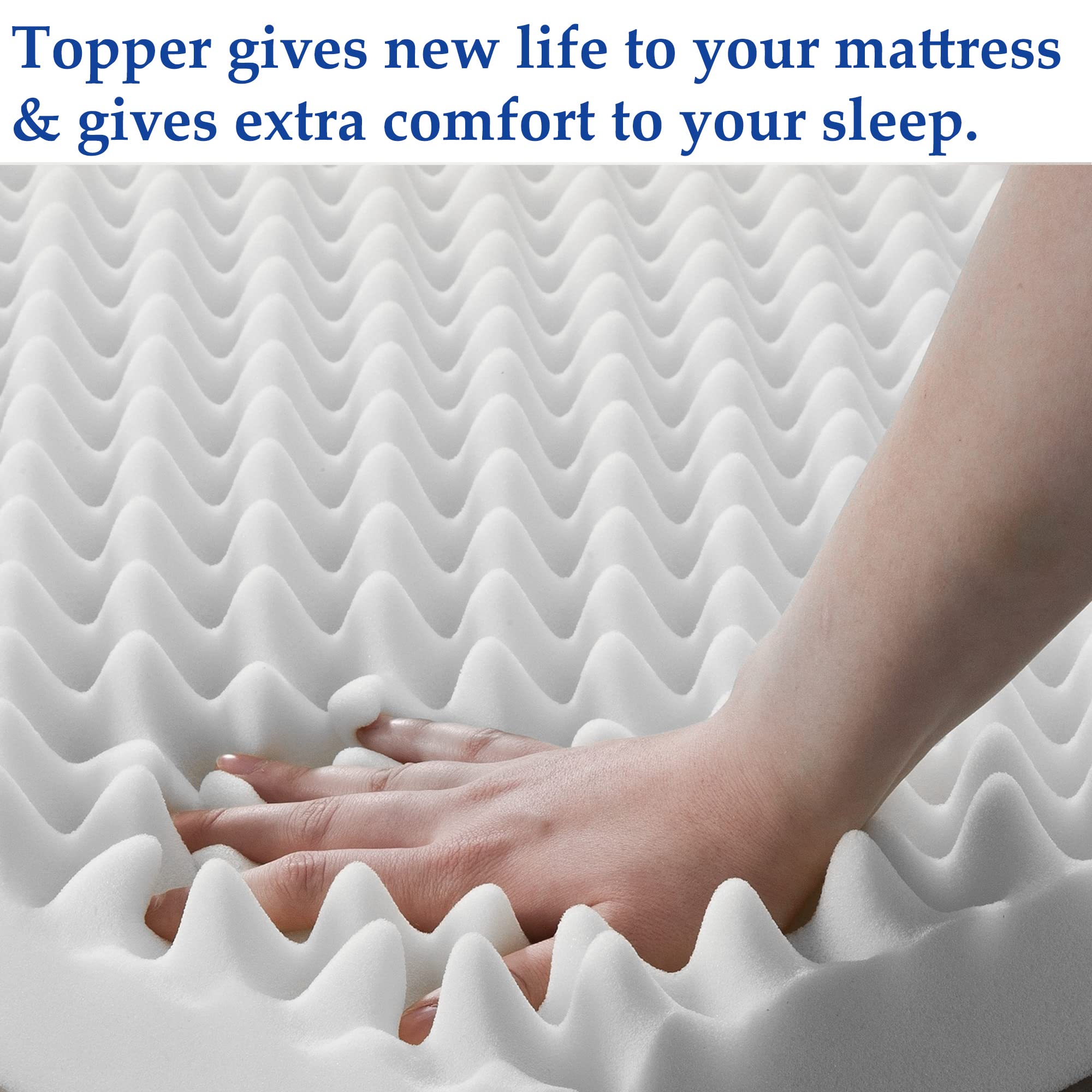 Spring Solution, 1-Inch Convoluted Egg Shell Breathable Foam Topper, Adds Comfort to Mattress, King, White