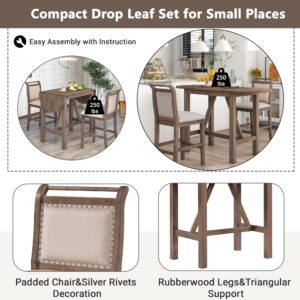 Harper & Bright Designs 3 Piece Counter Height Kitchen Dining Set with Drop Leaf Dining Table and 2 Dining Padded Chairs, Dining Room Set for Small Places, Brown