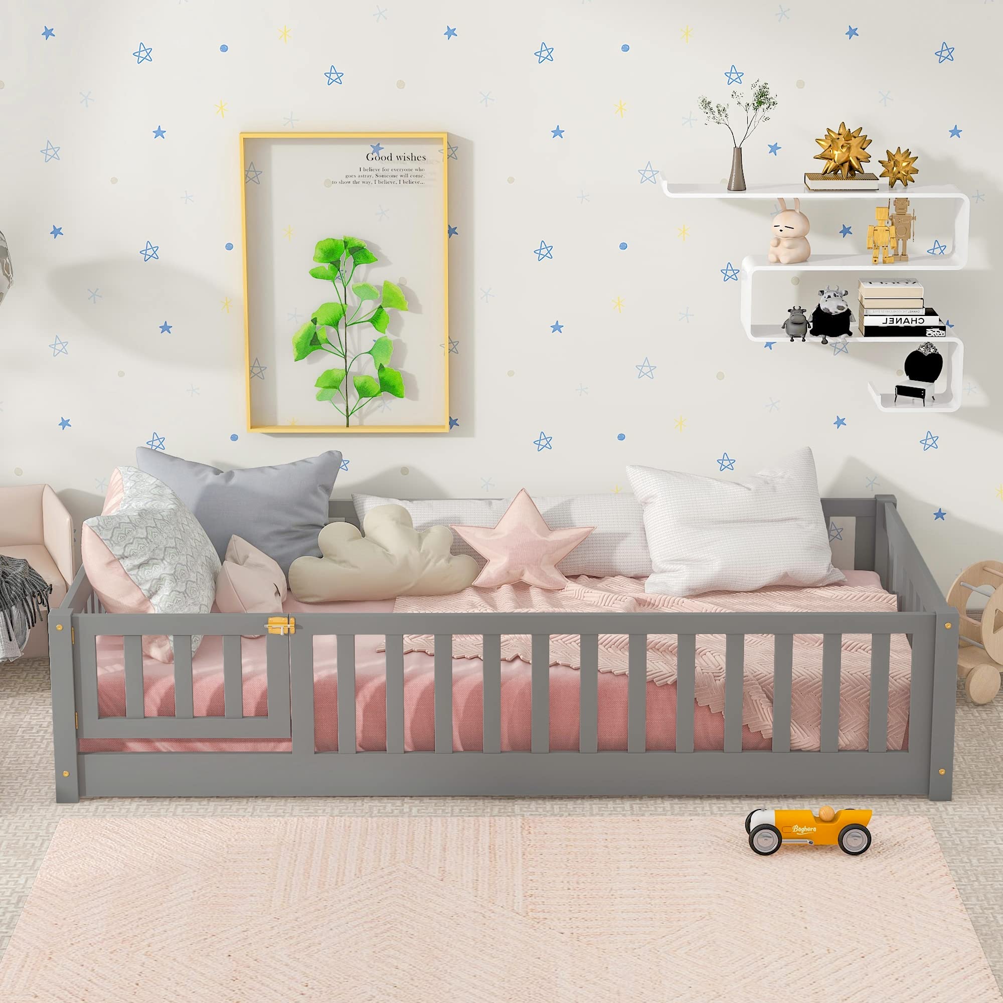 Twin Floor Bed for Kids, Montessori Bed Frame with Fence-Shaped Guardrails, Support Slats and Door, Wood Floor Twin Bed for Kids,Toddler,Boys Girls, No Box Spring Needed(Gray, Twin Bed Frame)