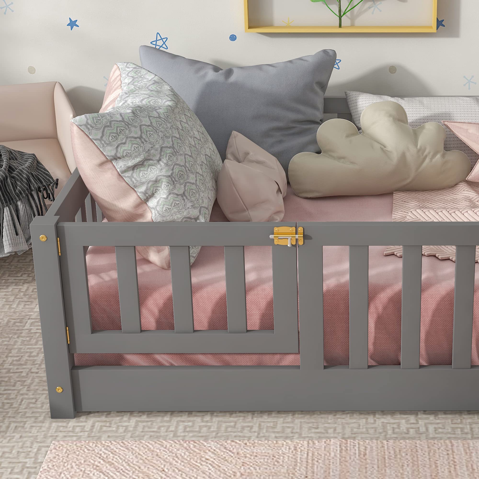 Twin Floor Bed for Kids, Montessori Bed Frame with Fence-Shaped Guardrails, Support Slats and Door, Wood Floor Twin Bed for Kids,Toddler,Boys Girls, No Box Spring Needed(Gray, Twin Bed Frame)