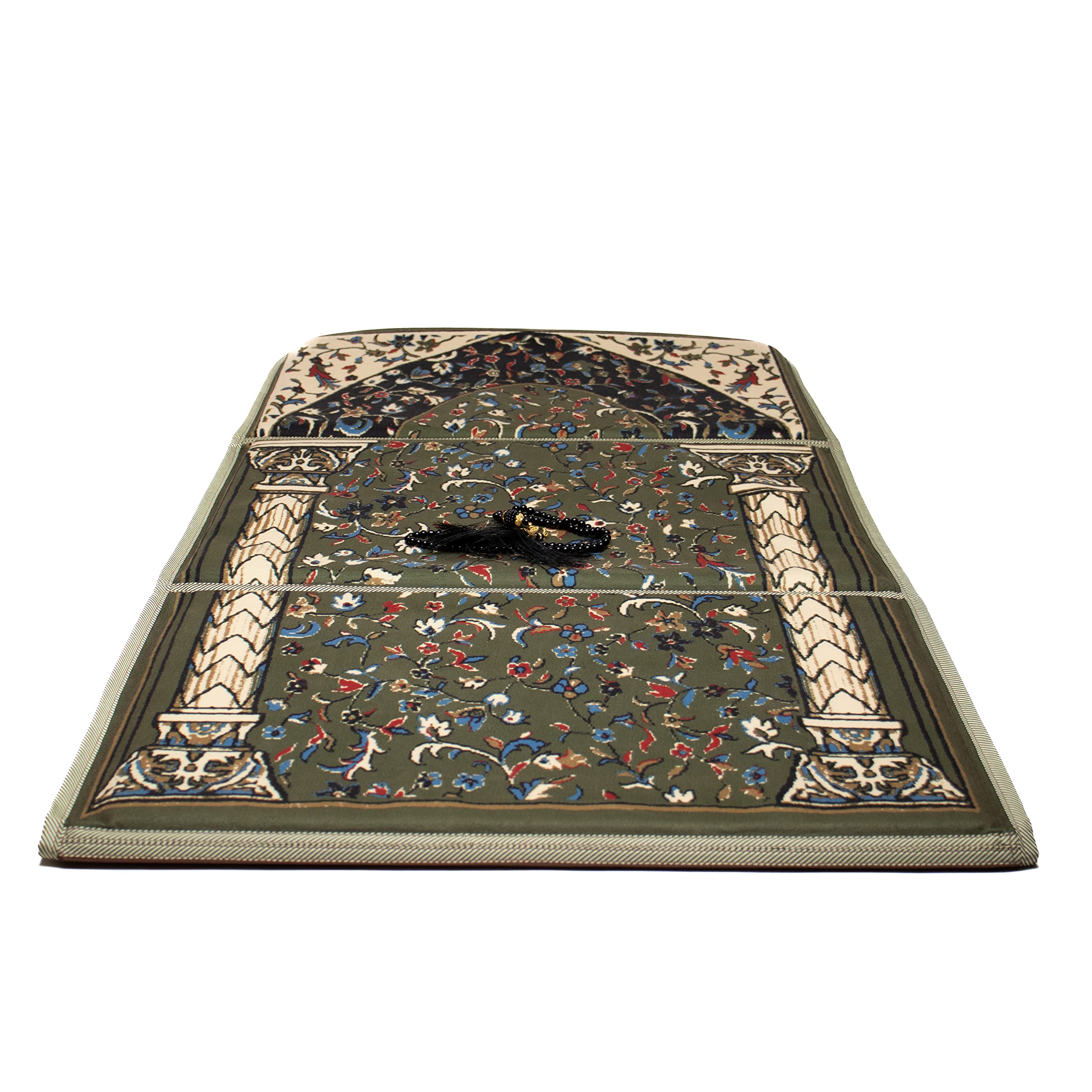 ABDEEZ Exclusive Foldable Prayer Mat with Backrest, Flannel Fabric | Extra Padding for Comfort | Easy to Carry | Janamaz, Sajadah | Ramadan/Eid Gift, Perfect Muslim Gift (Earth Green)