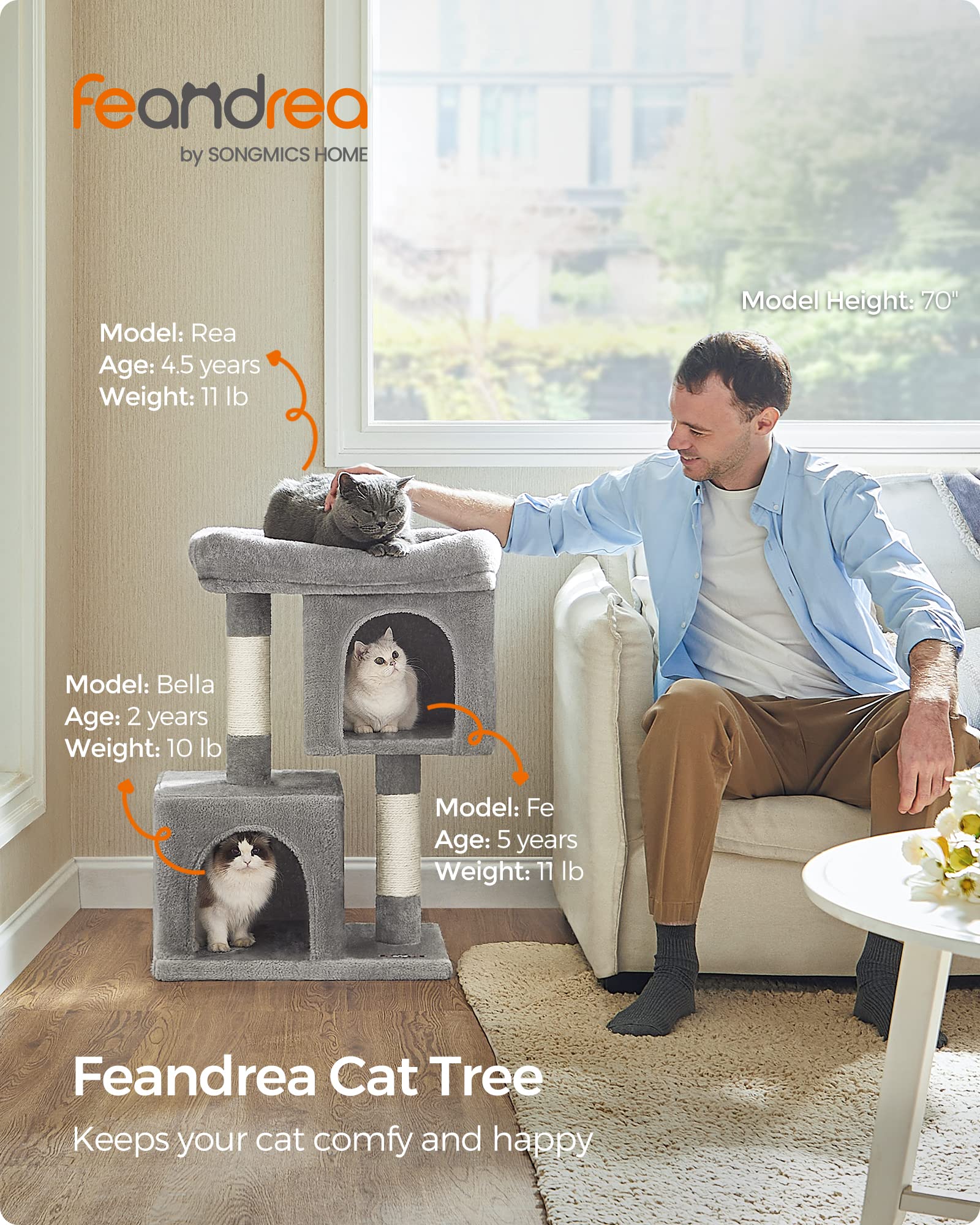 Feandrea Cat Tree, 29.1-Inch Cat Tower, M, Cat Condo for Medium Cats up to 11 lb, Large Cat Perch, 2 Cat Caves, Scratching Post, Light Gray UPCT612W01