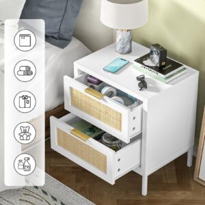 Giluta Farmhouse White nightstands with 2 Drawers, Natural Rattan Night Stand, White End Table with Metal Legs, Bedside Table for Bedroom