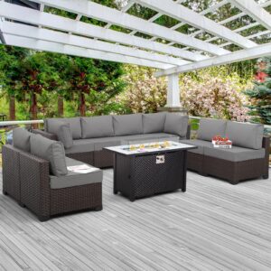 Valita 9-Piece Patio Rattan Furniture Set with Gas Fire Pit Table Outdoor Sectional Conversation Couch Brown PE Wicker Sofa with Washable Gray Cushions