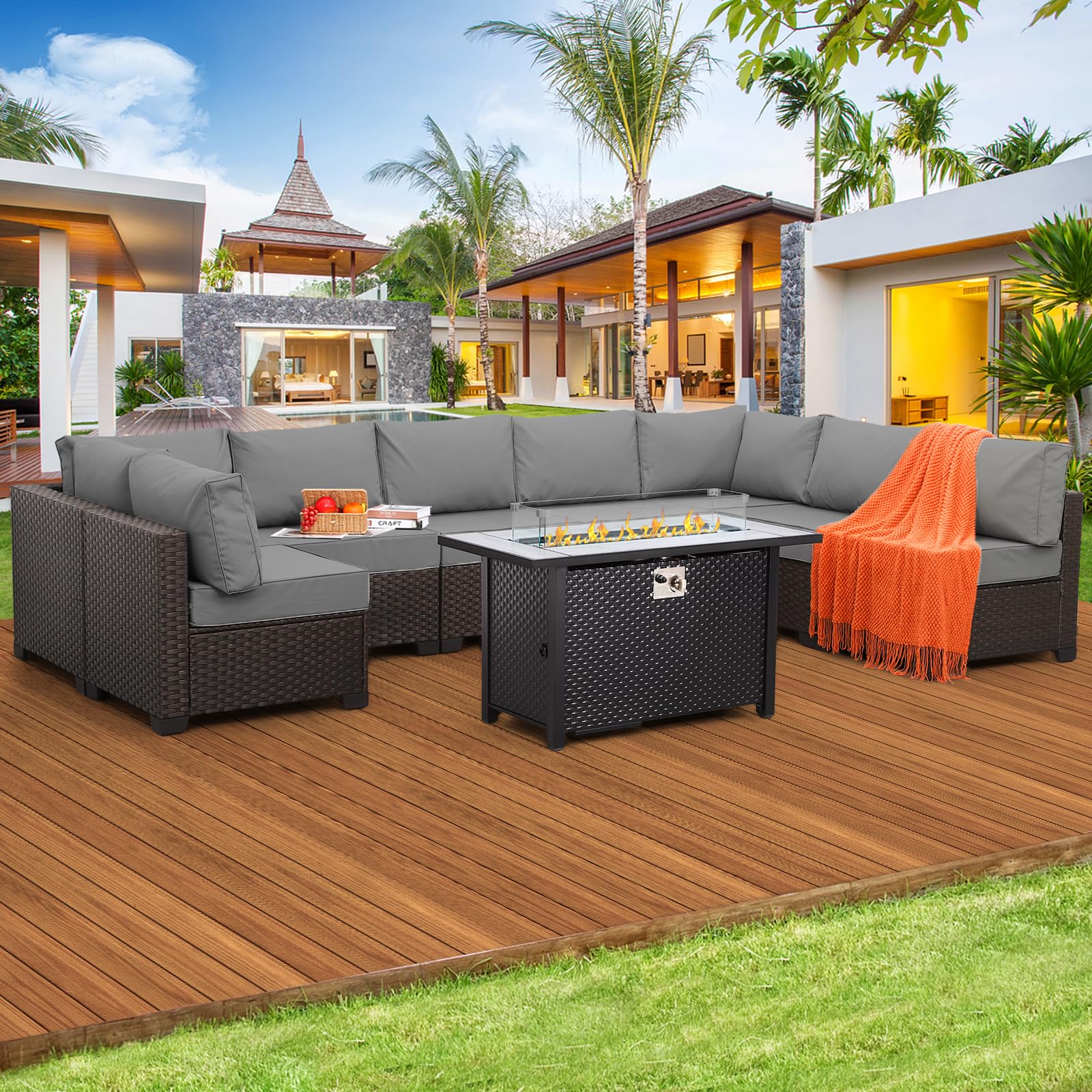 Valita 9-Piece Patio Rattan Furniture Set with Gas Fire Pit Table Outdoor Sectional Conversation Couch Brown PE Wicker Sofa with Washable Gray Cushions