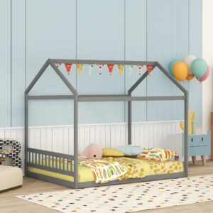 Harper & Bright Designs Queen Size House Bed Frame,Wooden Montessori Bed Queen Bed Frame with Headboard, Kids Floor Bed for Girls Boys Bedroom Furniture, No Box Spring Needed,Grey