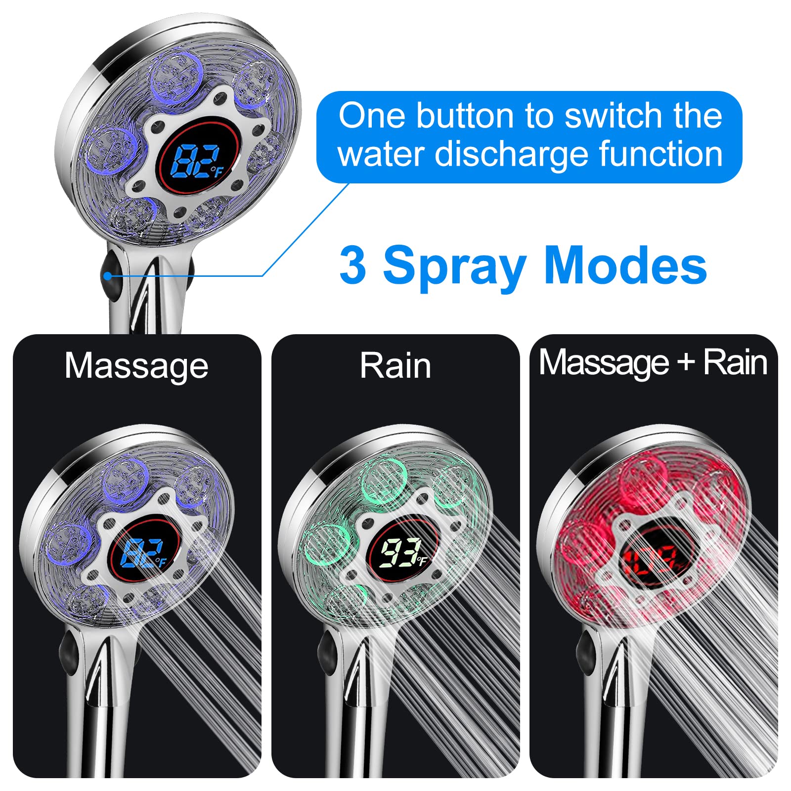 LED Shower Head with Handheld, Color Changing, Shower Head High Pressure with Water Temperature Display, Water Saving Spray Showerheads with 59" Hose and Shower Bracket for Low Water Pressure, Chrome