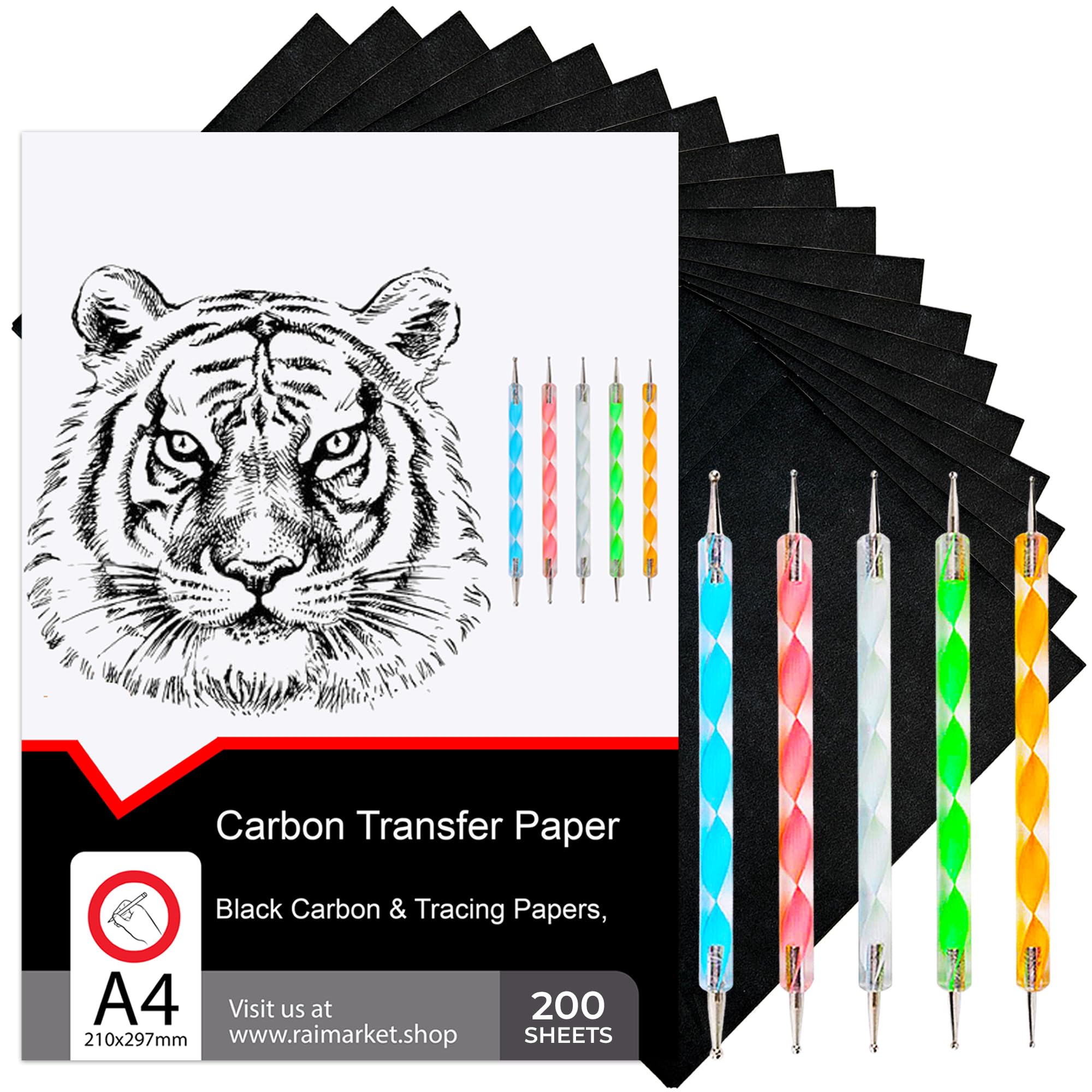 Raimarket 200 Sheets Black Carbon Paper for Tracing On Fabric | Carbon Paper for Tracing on Wood & Canvas, Tracing Paper for Drawing Sewing Patterns, 5 Stylus, A4 Size (9 X 13) Graphite Transfer Paper