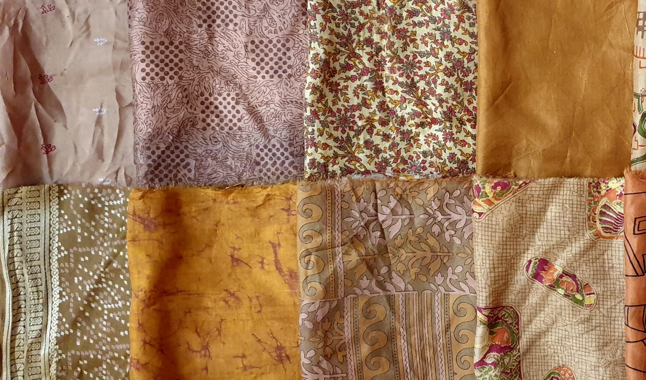 VINTAGEFABULOZ 15 Pcs 12"*20" Vintage Silk Sari Brown Fabric Scrap Remnant's for Journal Scrapbook Craft Project Jewelry Applique DIY Gift Wrap