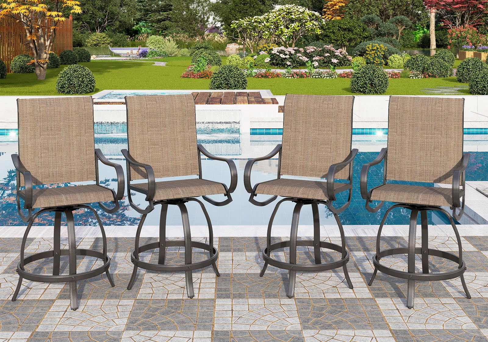 PHI VILLA Outdoor Swivel Bar Stools Set of 4,Patio Bar Chairs with Quick-Drying Fabric,Outdoor Stools with Metal Frame Durable and Sturdy, Waterproof, Rustproof,High Patio Chairs for Garden, Yard