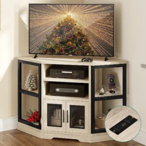 yitahome corner tv stand for tvs up to 55/50 inch with power outlet, modern farmhouse entertainment center, wood tv media console with storage cabinets shelves for living room, white oak