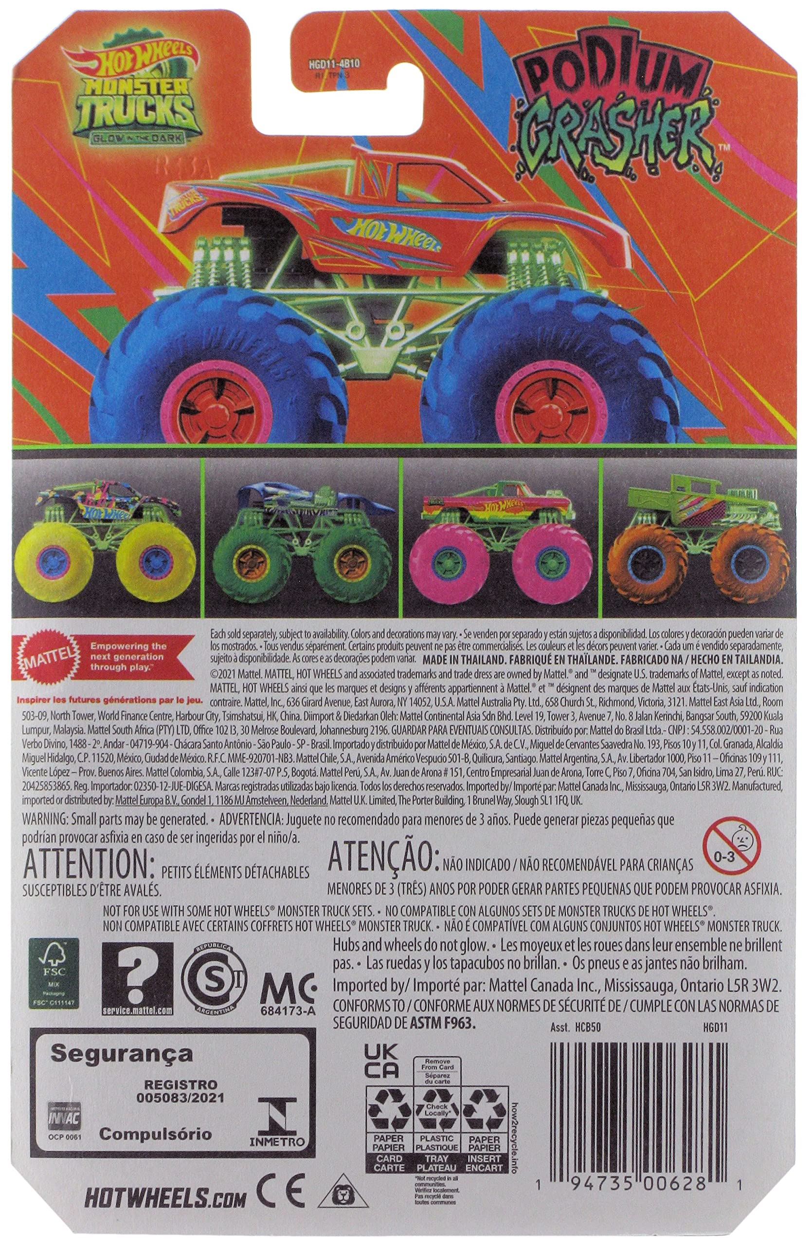 Hot Wheels 2022 Monster Trucks 1:64 Scale Diecast Glow in The Dark Podium Crasher, Orange with Blue Wheels