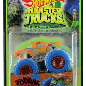 Hot Wheels 2022 Monster Trucks 1:64 Scale Diecast Glow in The Dark Podium Crasher, Orange with Blue Wheels