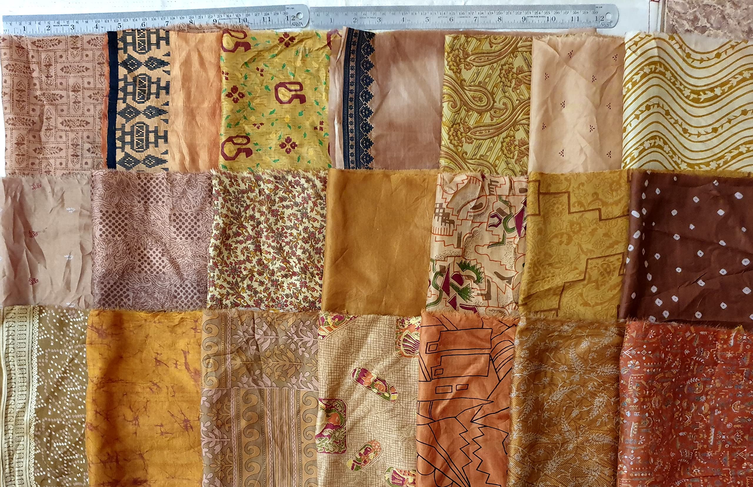 VINTAGEFABULOZ 15 Pcs 12"*20" Vintage Silk Sari Brown Fabric Scrap Remnant's for Journal Scrapbook Craft Project Jewelry Applique DIY Gift Wrap